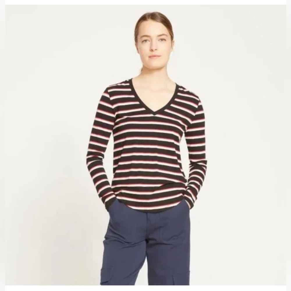 New Universal Standard Black Red White Striped V Neck Long Sleeve Tee Rex 4XS - Picture 9 of 10
